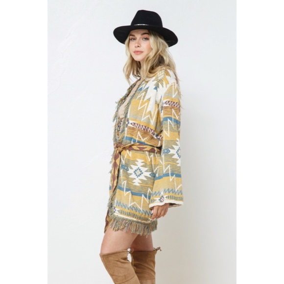 SOLD OUT Mustard Fringe Western Native Aztec Belted Tie Knit Cardigan Sweater - Picture 5 of 9